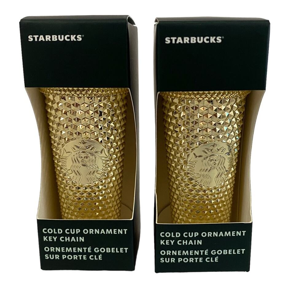 2 Starbucks Gold Studded Tumbler Cold Cup Ornament Key Chain Holiday 2022 NWT